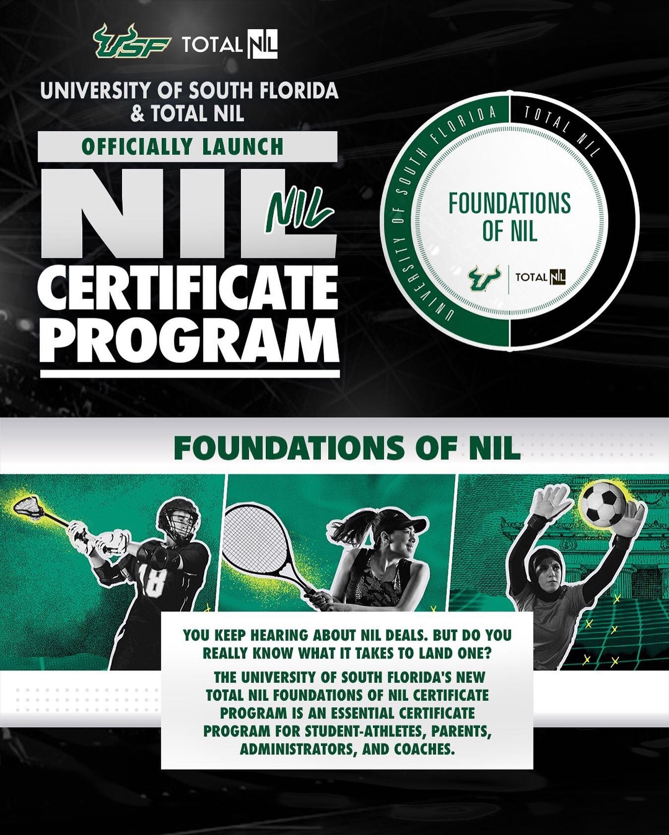 Total NIL has partnered with the University of South Florida on a Foundations of NIL certification program. 

Whether you are an athlete, parent, administrator or coach, this self-paced course was designed for you. 

See the full release for more inf