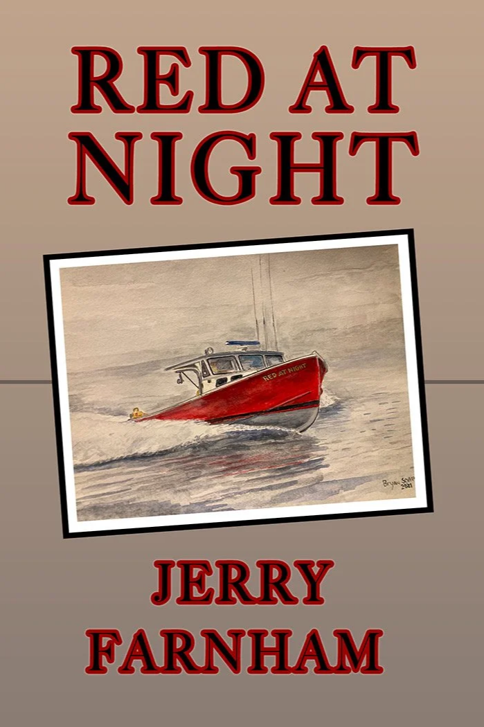 Book cover titled "Red at Night" by Jerry Farnham, featuring a watercolor painting of a red boat on water at dusk.