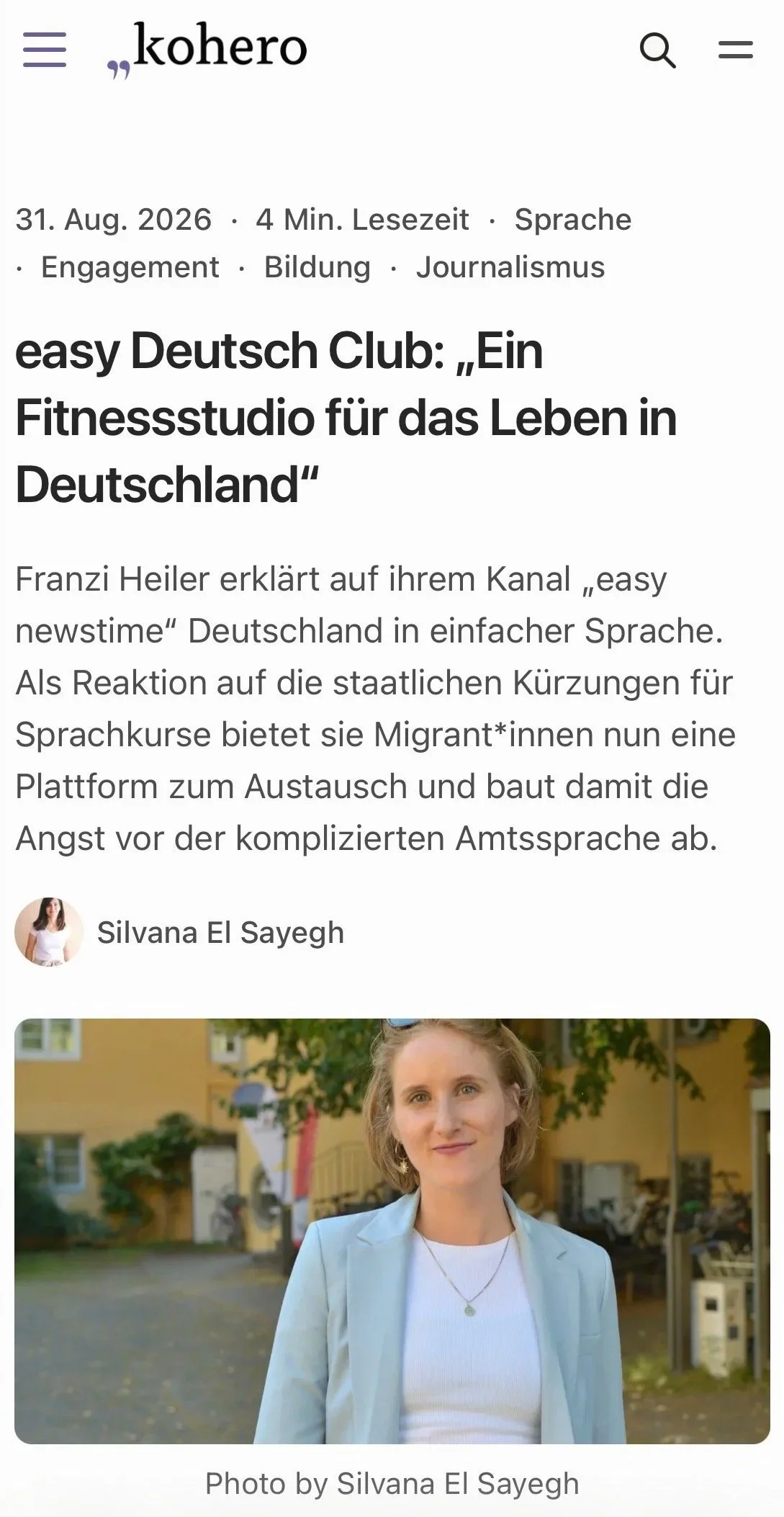 31.08.2026: Beitrag im kohero Magazin zu easy newstime und dem easy Deutsch Club