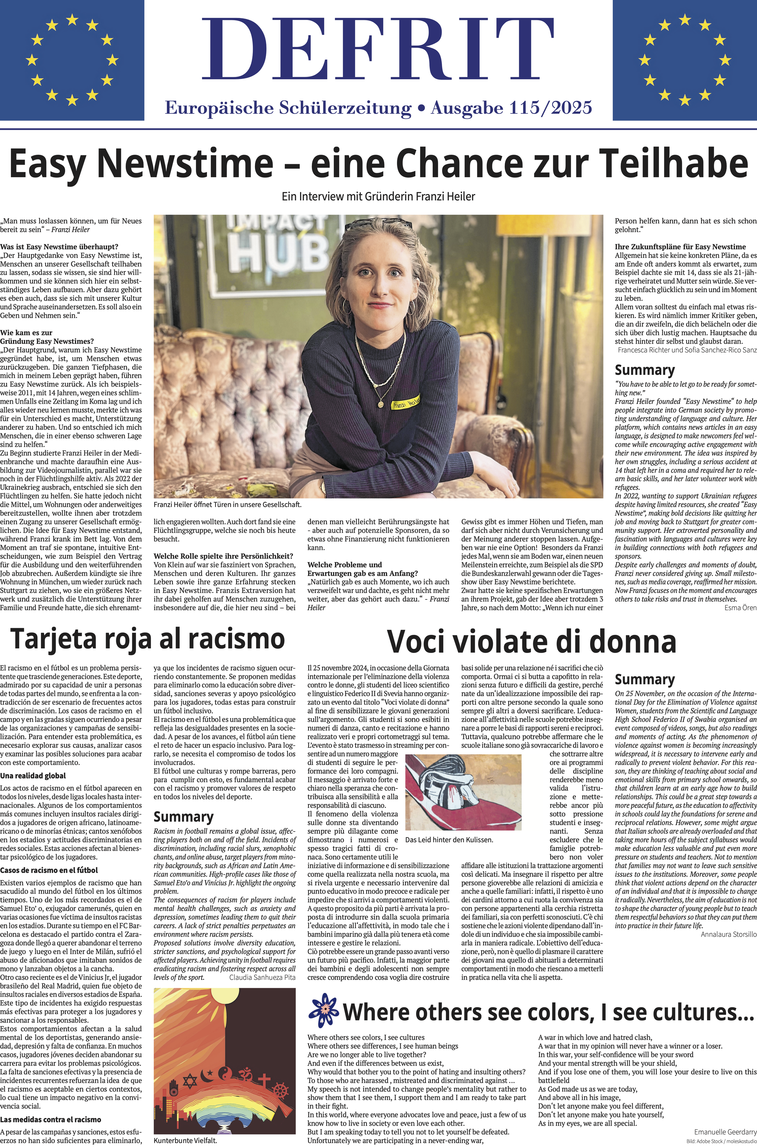 23.01.25: Beitrag in der europäischen Schülerzeitung DEFRIT (Korrektur: "Besonders da Franzi jedes Mal, wenn sie am Boden war, einen neuen Meilenstein erreichte, *zum Beispiel als easy newstime von Bundeskanzler Olaf Scholz ausgezeichnet wurde* oder