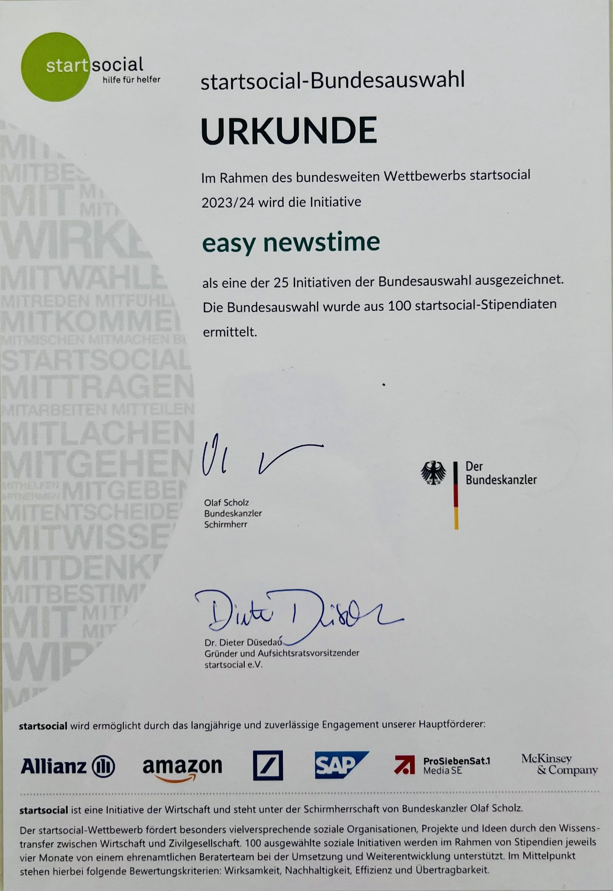 04.06.2024: Urkunde zur Bundespreisverleihung der Top 25 beim startsocial-Wettbewerb