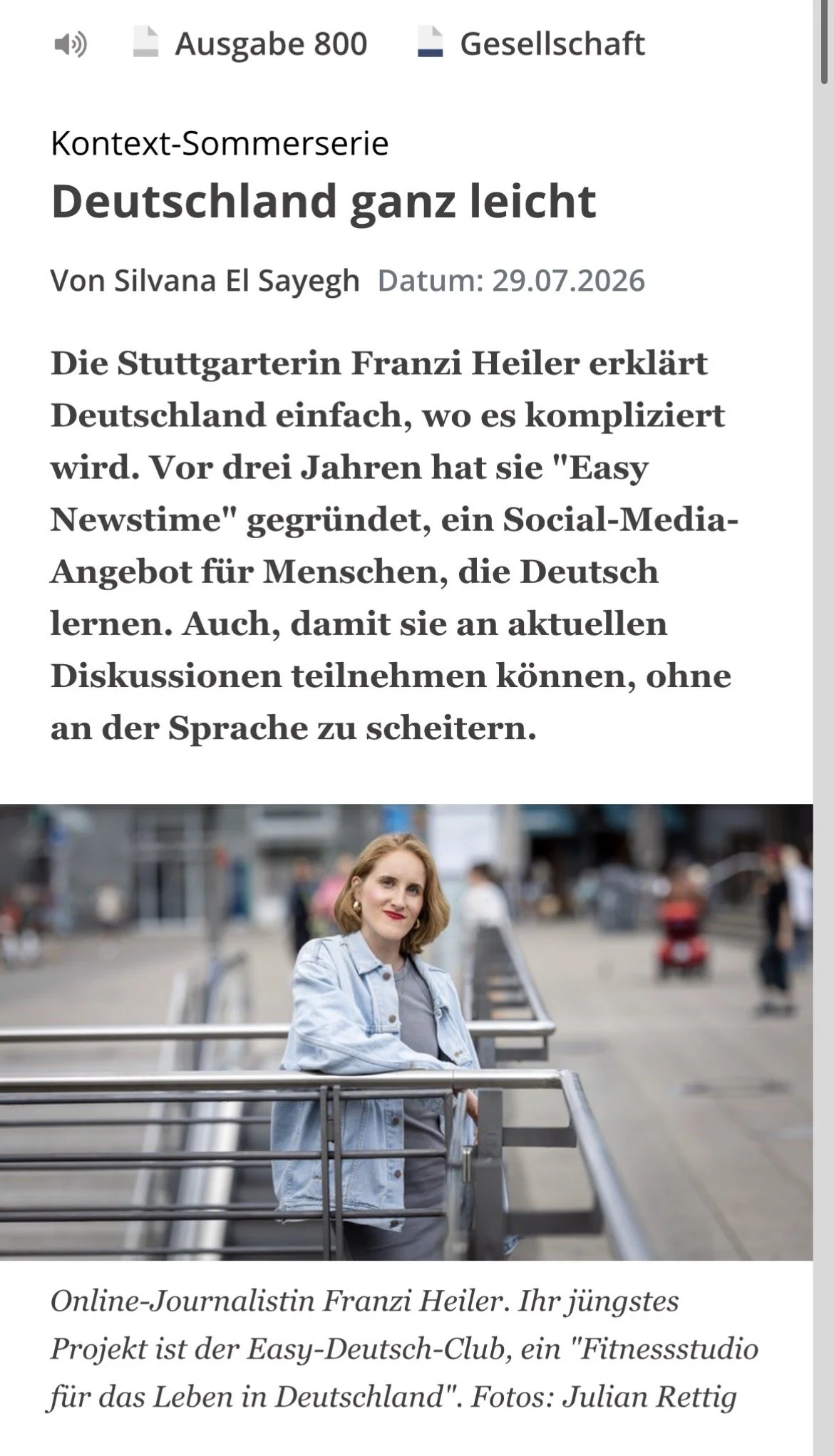 29.07.2026: Beitrag in der KONTEXT-Wochenzeitung zu easy newstime und dem easy Deutsch Club