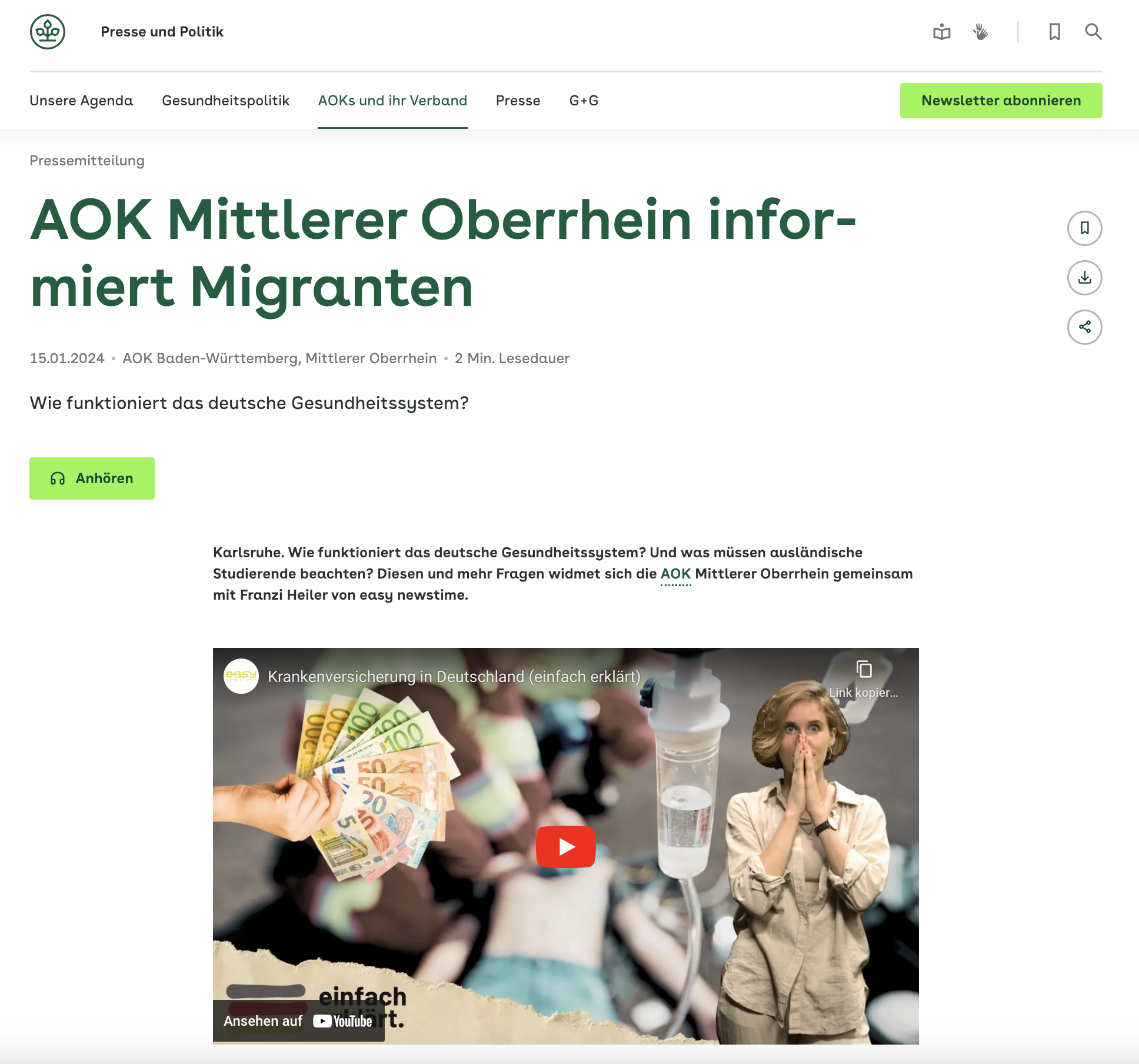 15.01.2024: Pressemitteilung der AOK Mittlerer Oberrhein