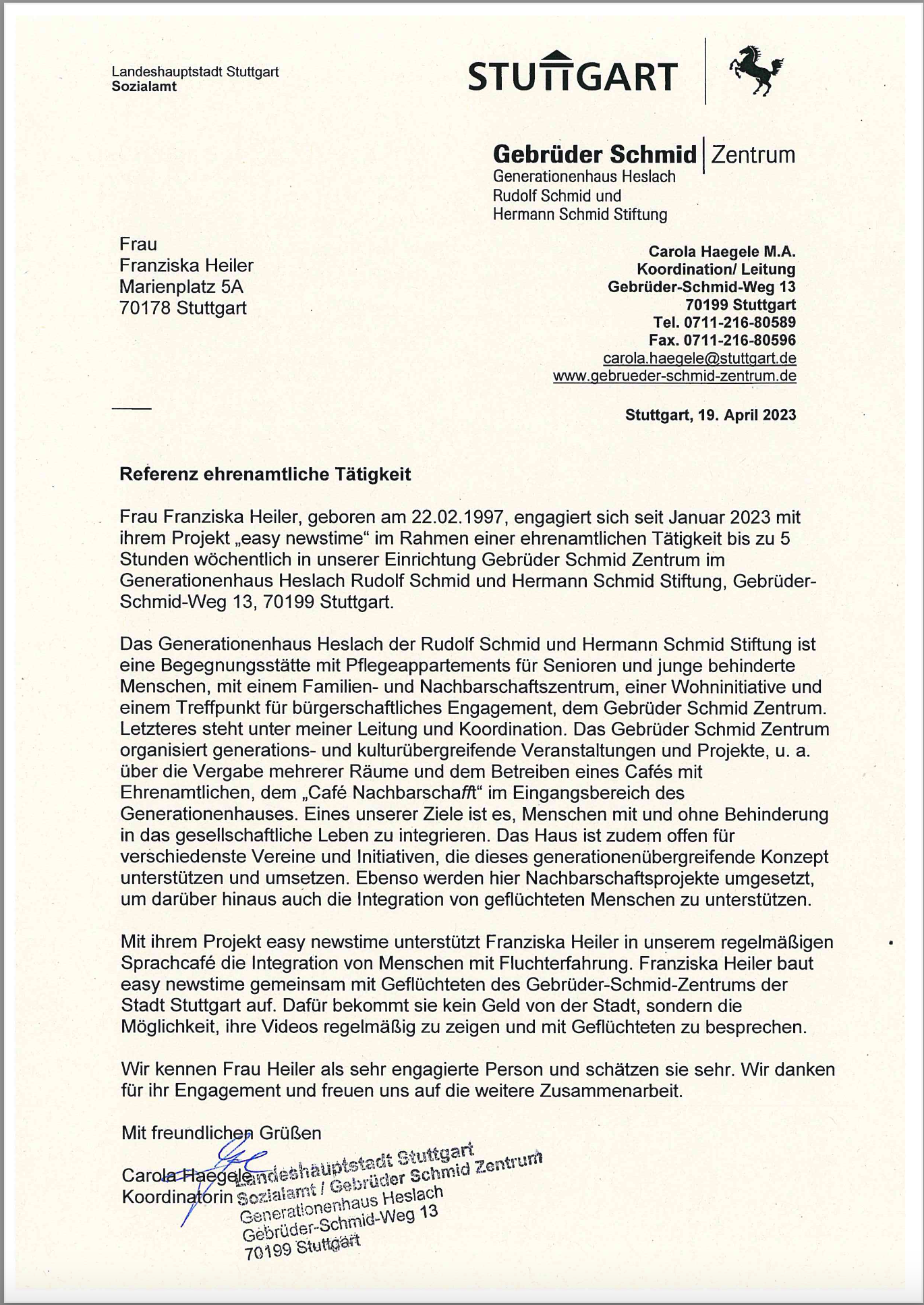 19.04.2023: Ehrenamtsbescheinigung des Gebrüder Schmid Zentrums Stuttgart