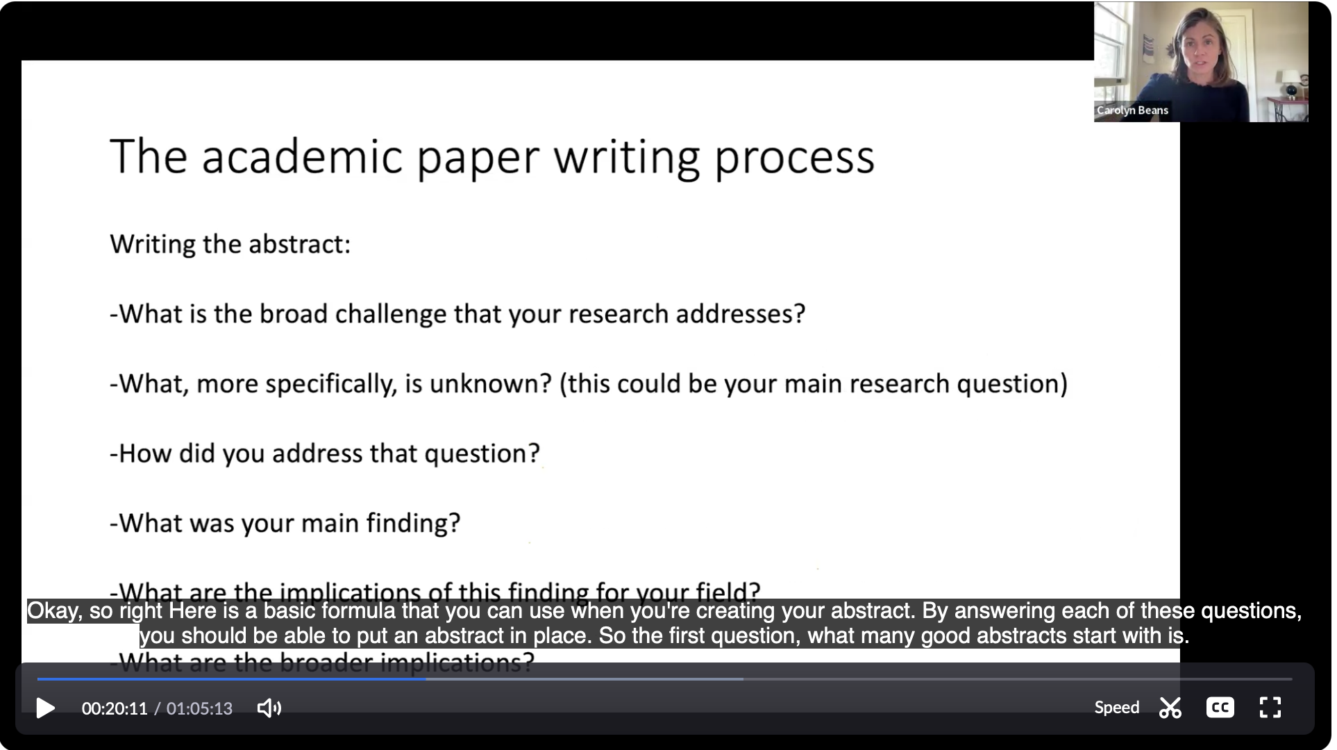 A video screen shows a presentation slide titled 'The academic paper writing process.' The slide lists questions about writing an abstract, including broad research challenges, specific unknowns, addressing questions, main findings, implications, and starting an abstract. A small video inset of a woman named Carolyn Beans speaking is visible in the top right corner.