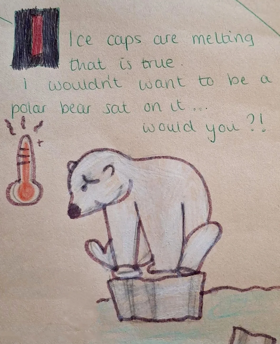 Drawing of a polar bear holding onto a small piece of ice with a thermometer and the A-Z entry for I written above it