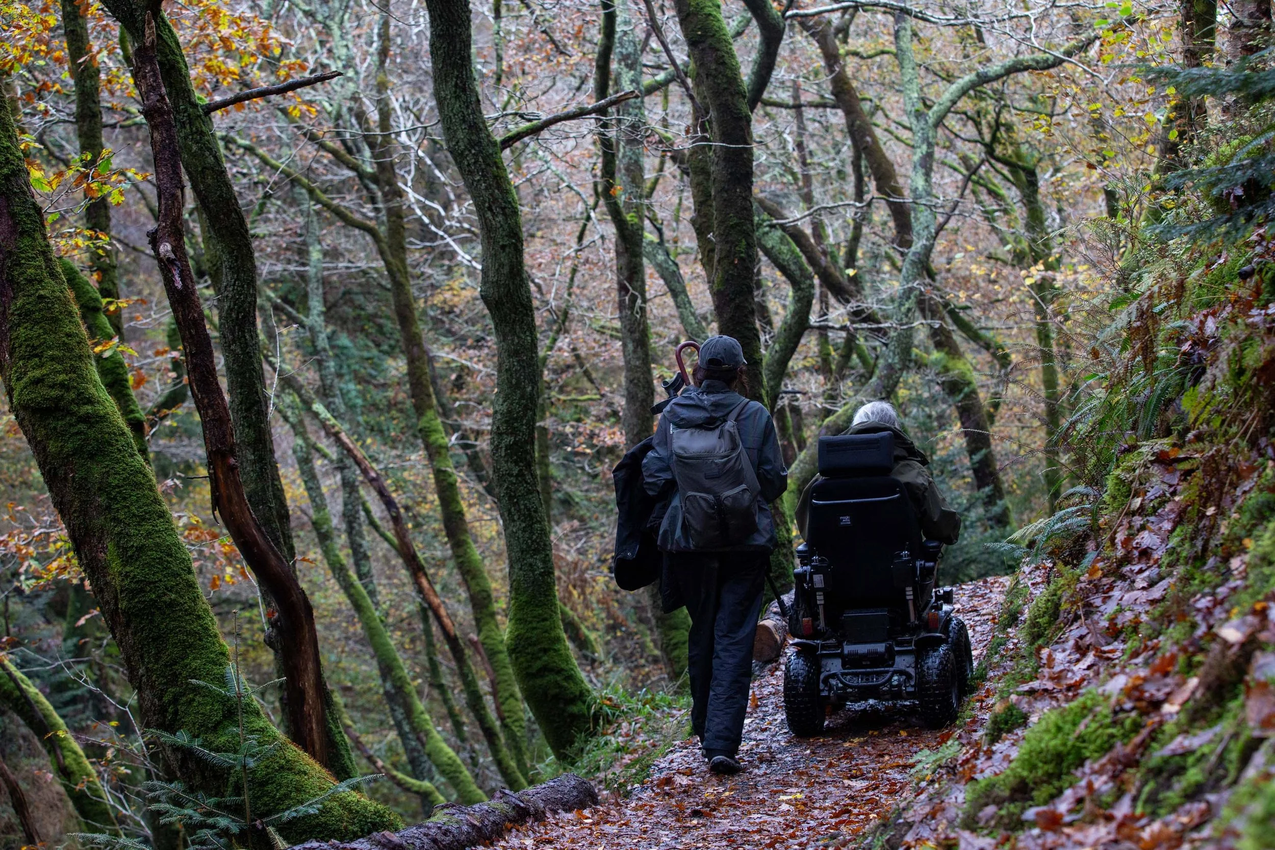 Liz is wheeling along a narrow path through a woodland next to a member of the creative team who is walking just a behind her. The path is littered with fallen brown leaves, and the trees are covered in moss