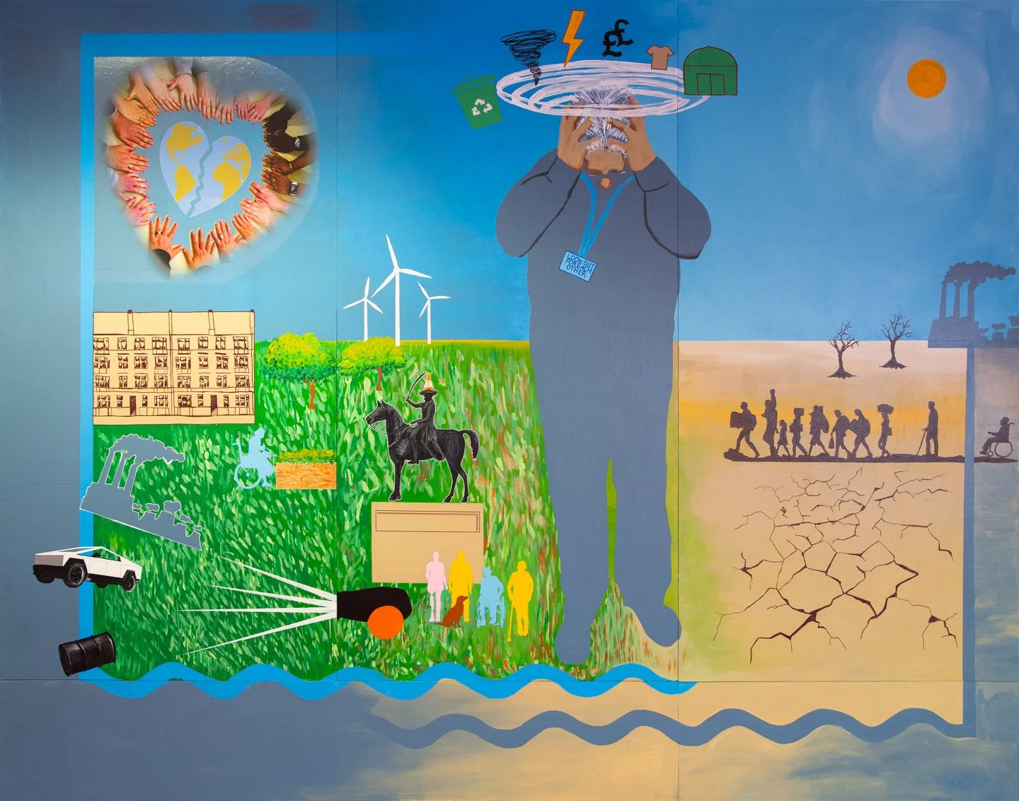 This mural is divided in two vertically by the image of a woman holding her head in her hands in anguish. On the right-hand side there is a dry desert with cracked earth and a line of people walking to the left, with lush green fields & more