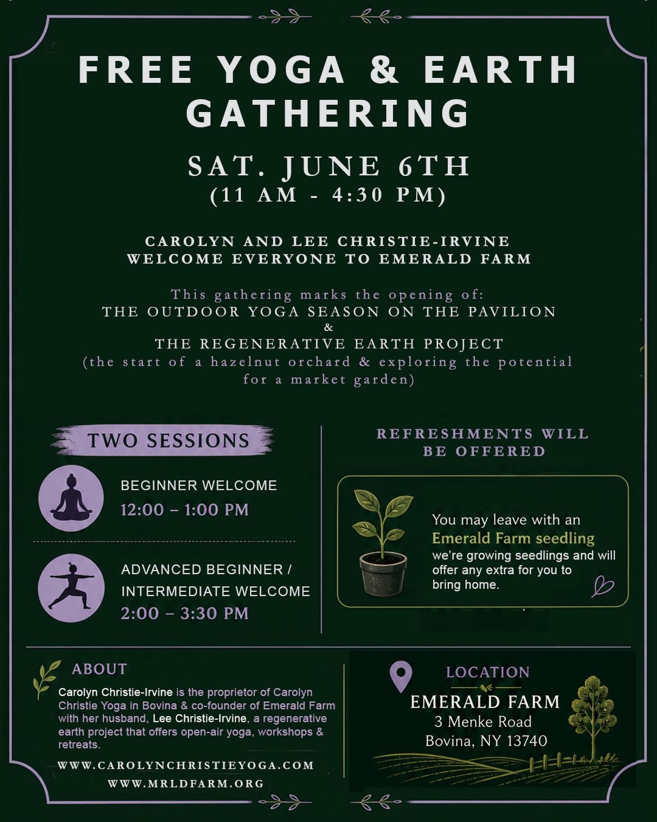 This Next Saturday we have an Open Farm Day!
Free Yoga and Free Seedlings plus refreshments.
Come join us