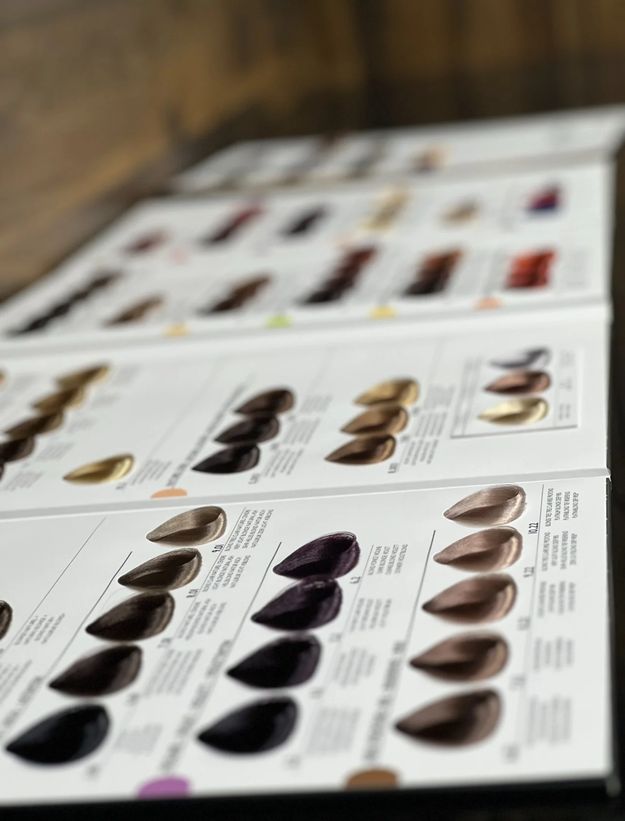 Nuancier de couleurs de cheveux avec échantillons de nuances brunes, blondes et rouges sur une carte.