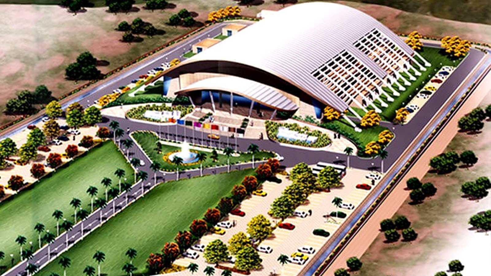 Architectural concept illustration showing the convention centre, landscaped forecourt, access roads and surrounding site layout.