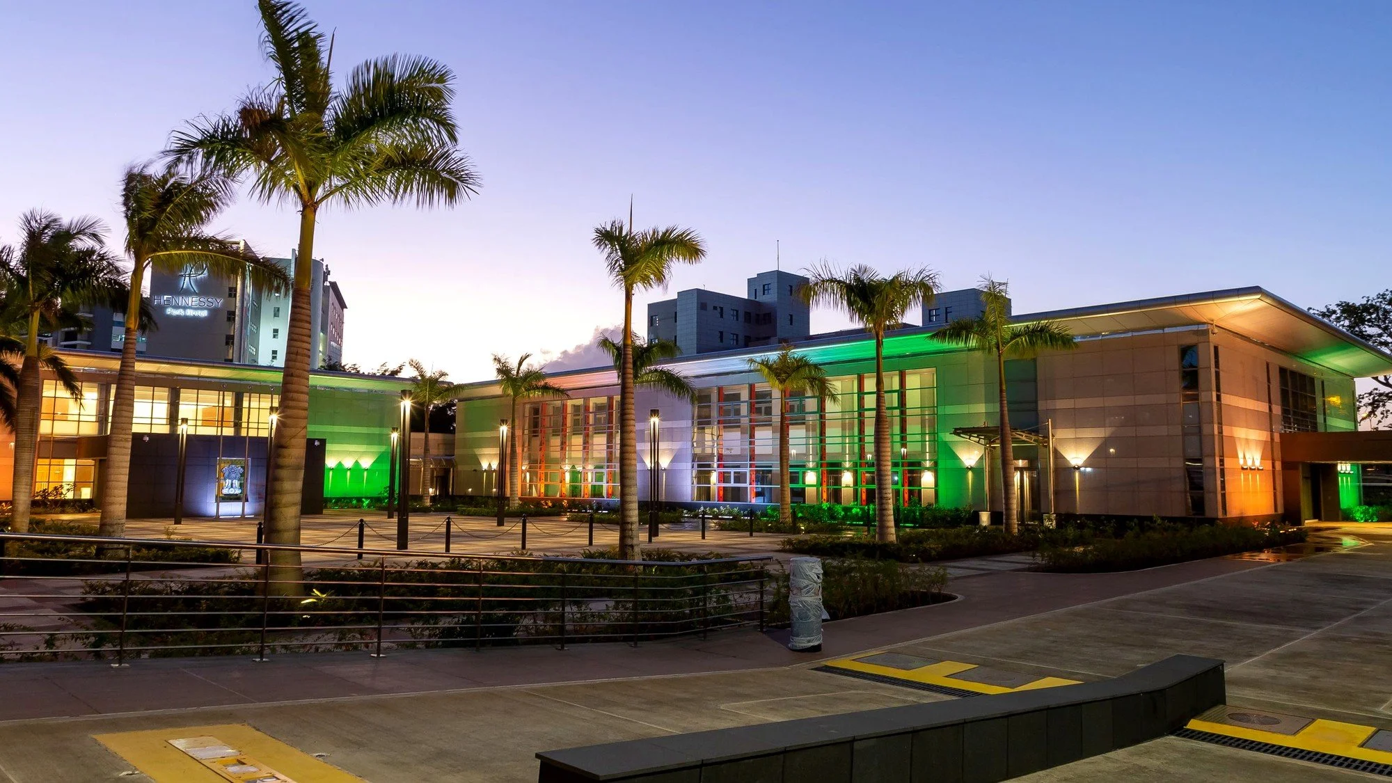 High Commission of India chancery complex illuminated at dusk in Ebene, Mauritius.