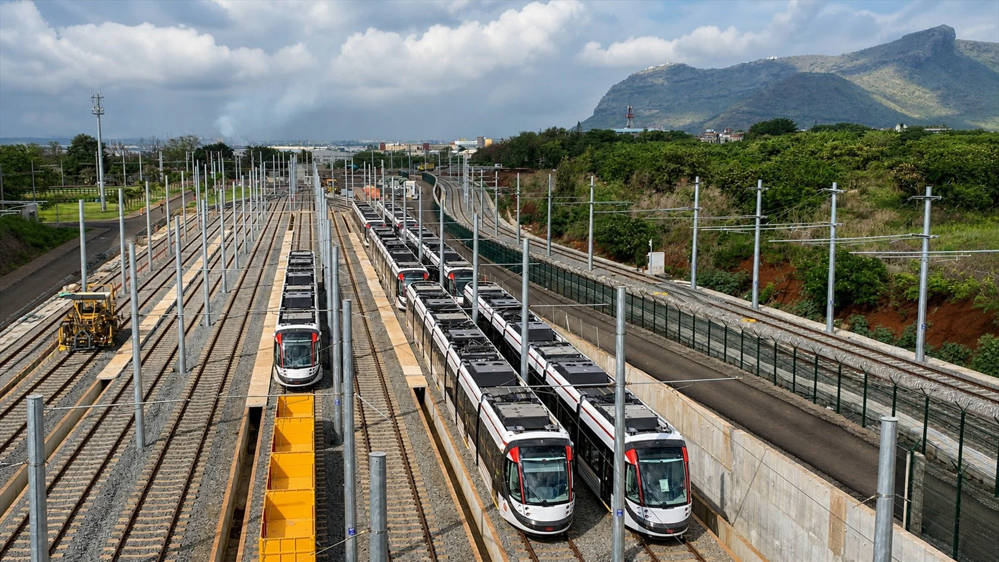 Metro Express light rail vehicles at the Richelieu depot in Mauritius