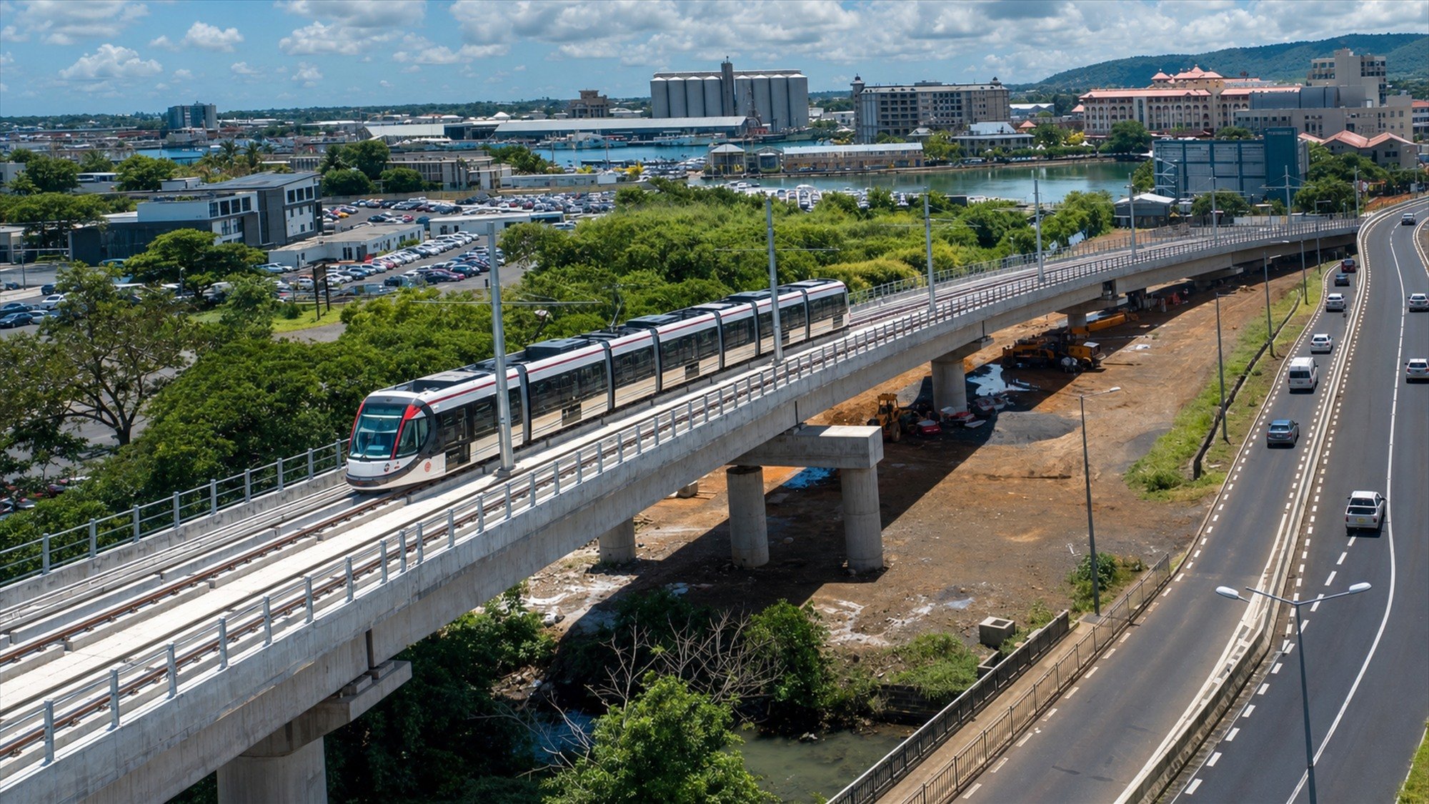 Metro Express tram operating on an elevated section in Mauritius