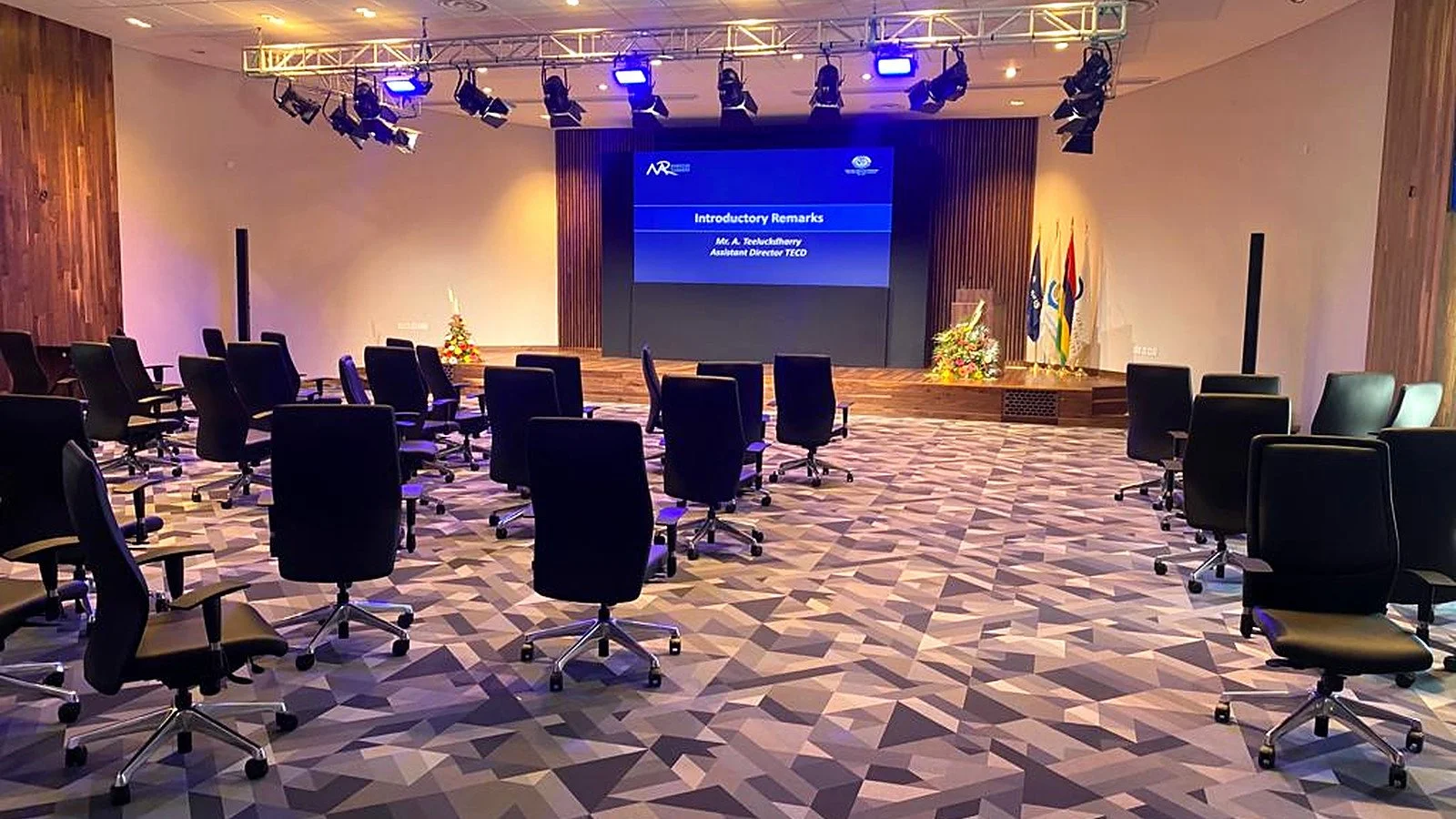 Multipurpose auditorium within the ICCC arranged for a formal presentation, meeting or training event.