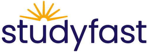 Studyfast logo with yellow sunburst above the word 'studyfast' in dark blue text.