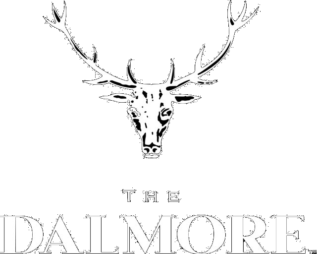 Black background with a white silhouette of a deer's head with large antlers, and the text 'The Dalmore' below.
