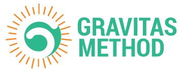 Logo for Gravitas Method featuring a stylized spiral with radiating lines and text