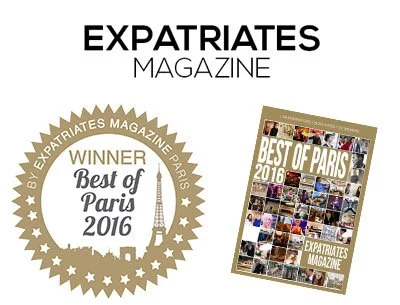 Cover of Expatriates Magazine featuring a collage of photos and the title Best of Paris 2016, with an award badge stating Winner of Best of Paris 2016.