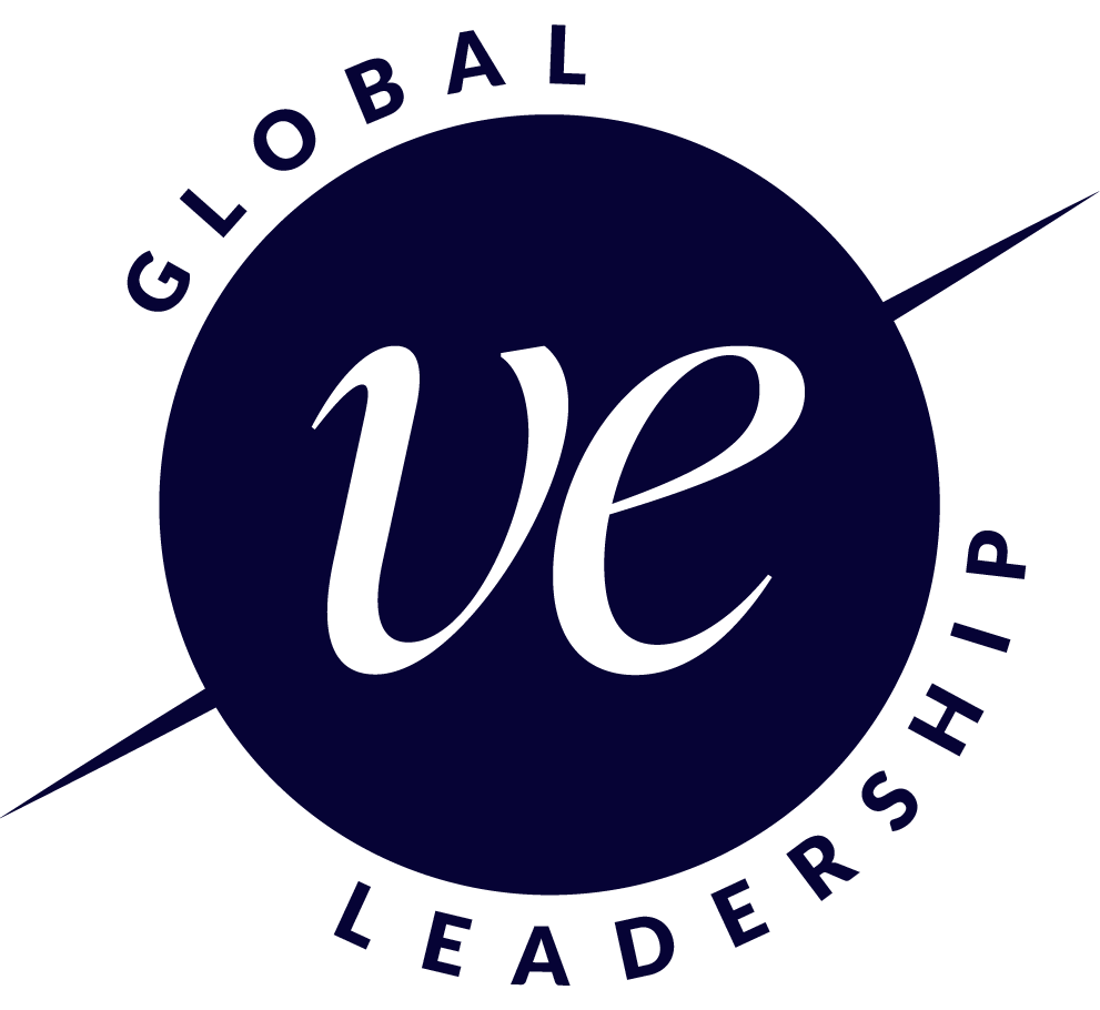 Logo with a dark blue circle and the white stylized letters "ve" in the center. Around the circle, text reads "GLOBAL LEADERSHIP" at the top and "" at the bottom.