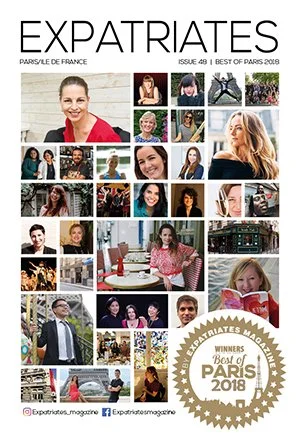 Cover page of Expatriates magazine featuring a collage of diverse expatriates smiling and engaging in various activities, with a gold badge indicating it is the Best of Paris 2018.