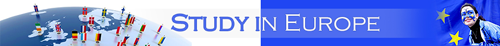 Logo for 'Study in Europe' with European Union flag and imagery of European landmarks.
