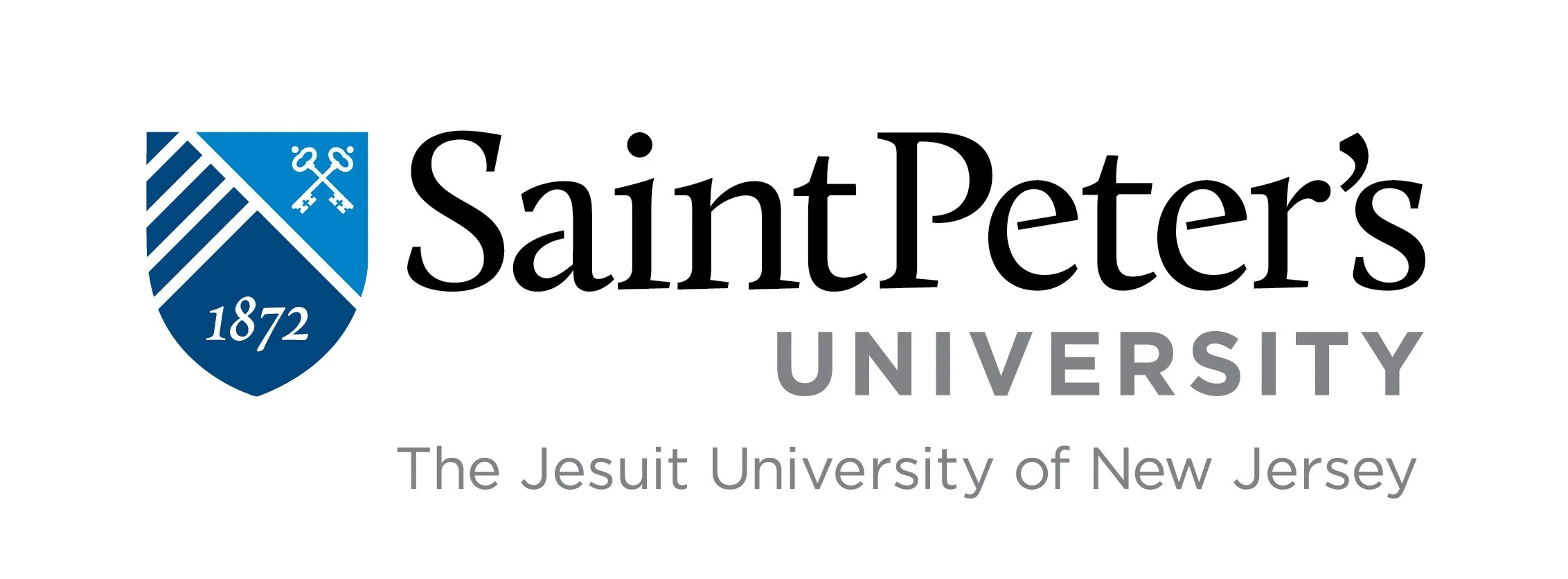 Logo of Saint Peter's University, featuring a blue crest with two crossed keys and the year 1872, with the university name and the subtitle "The Jesuit University of New Jersey".