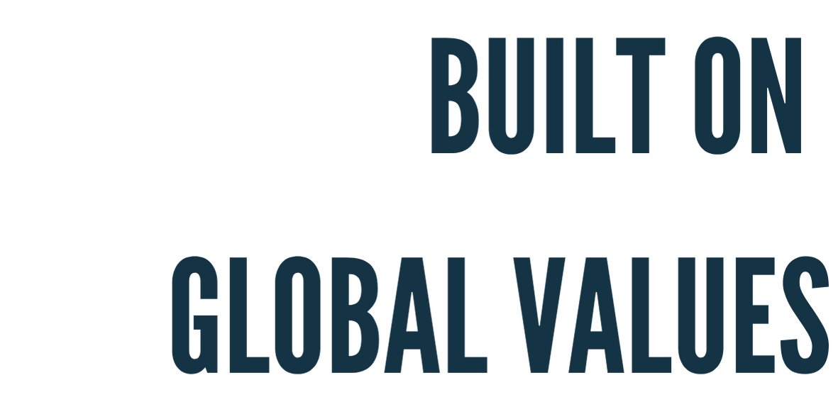 The image contains large text that reads 'Built on Global Values'. The background is black, and the text is in dark blue.