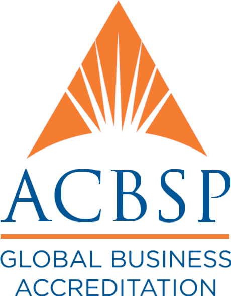 Logo of ACBS, a blue stylized world map with orange triangles forming a peak above, and the text "ACBS" underneath, with "Global Business Accreditation" below.