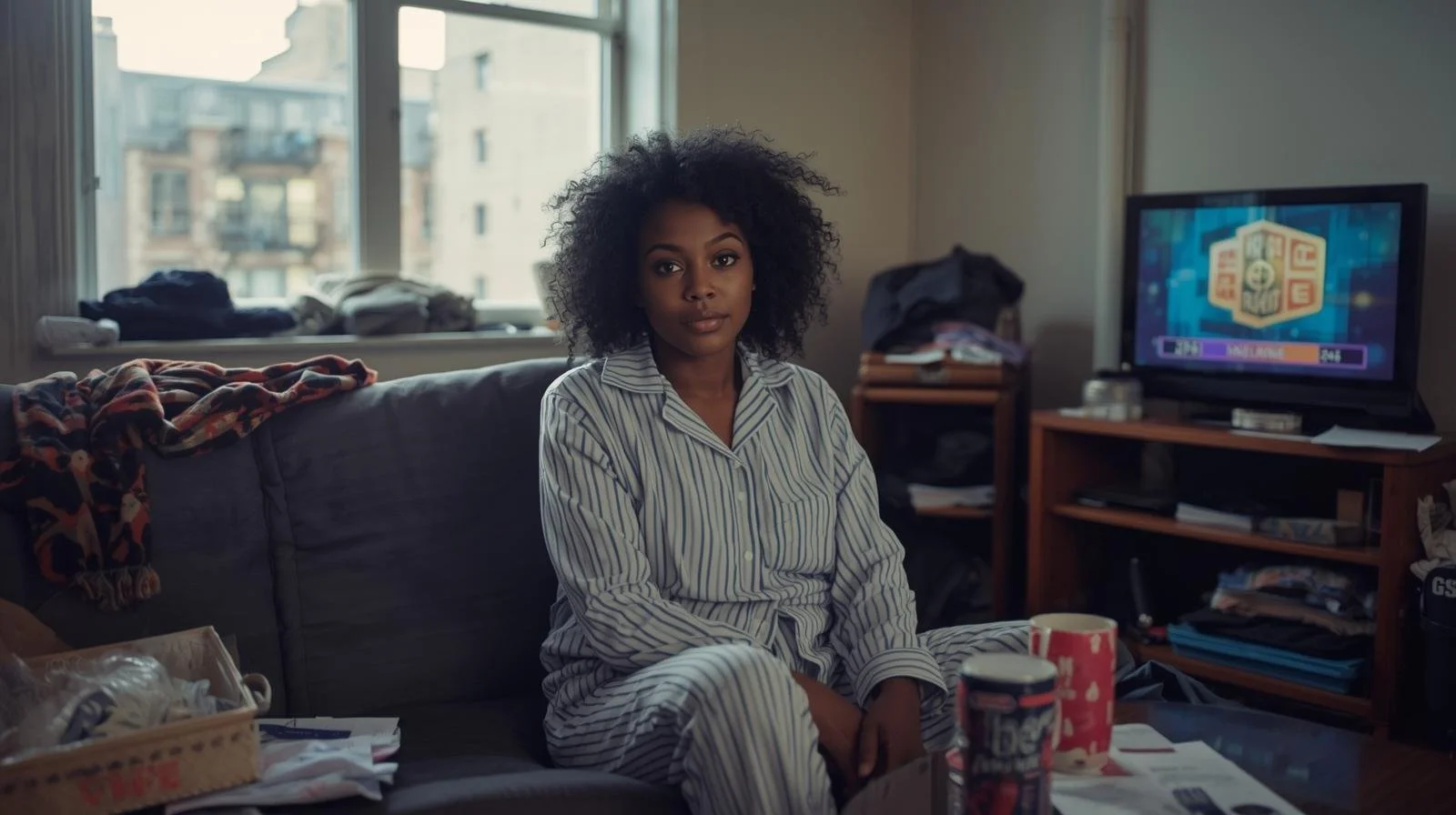 A person in pajamas sits on a couch in a modest, cluttered apartment, with a television on in the background and household items scattered nearby, capturing a quiet moment of being at home during a transition.