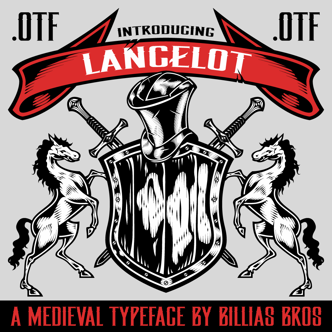 Custom illustration designed by Billias Bros featuring a frogmouth helmet, shield, ribbon, two horses and two swords arranged in a heraldic composition directing users to the lancelot medieval font page.