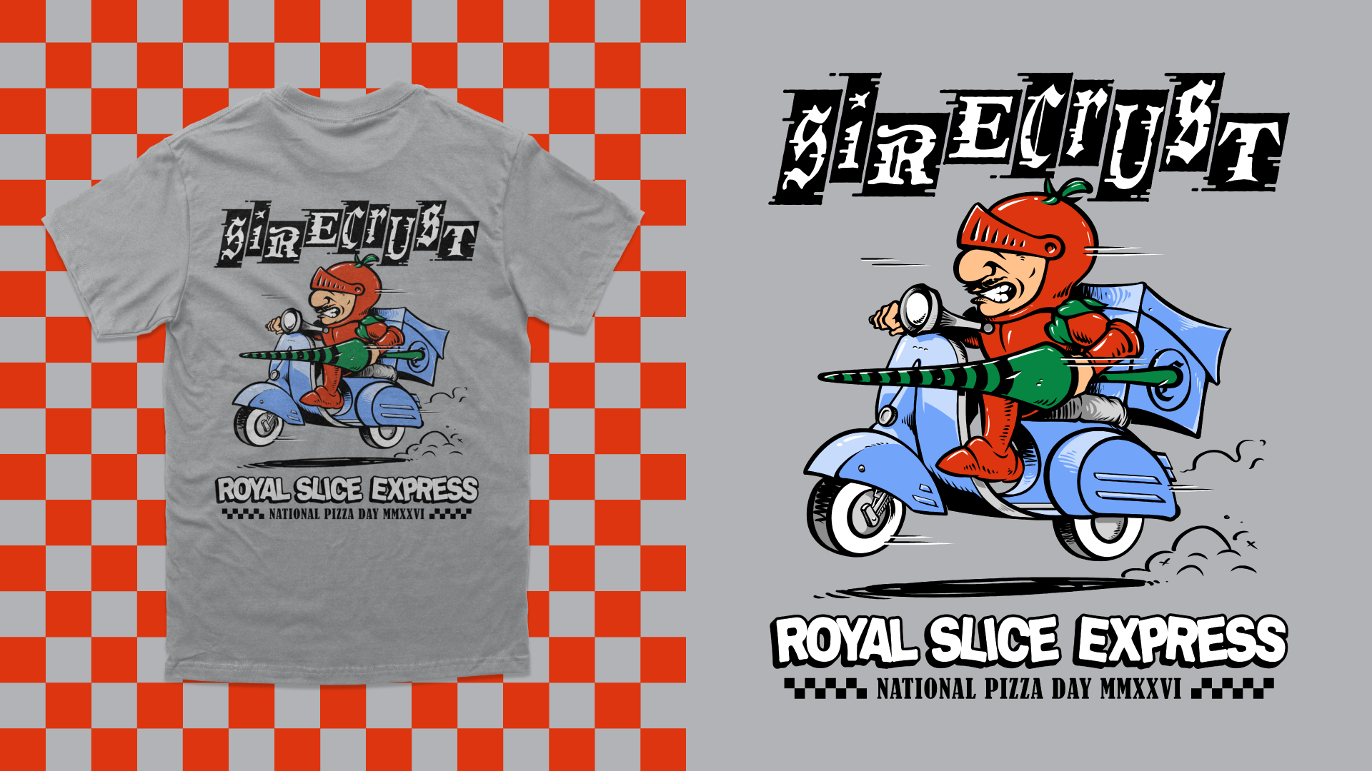 Custom illustration of a knight mascot riding a Vespa, holding a lance, framed by lettering: 'Sire Crust' at the top, 'Royal Slice Express' and 'National Pizza Day' at the bottom, in a bold graphic composition, applied to the back of a grey T-shirt.