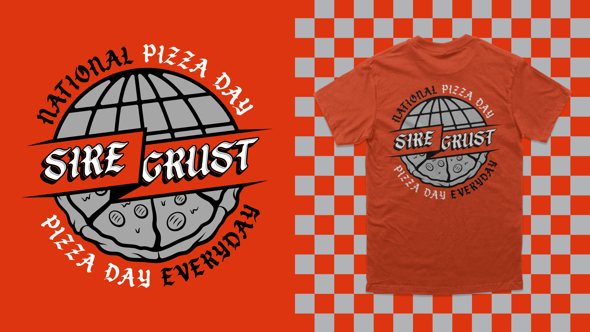 Vector badge logo for National Pizza Day with ‘Sire Crust’ custom type, split globe–pizza icon, arched top and bottom text, printed on the back of a red T-shirt.