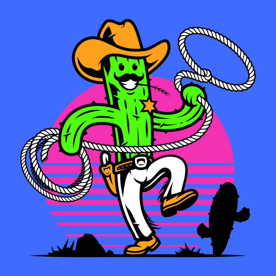 Custom illustration designed by Billias Bros featuring a smiling cactus cowboy holding a lasso, set against a sunset background.