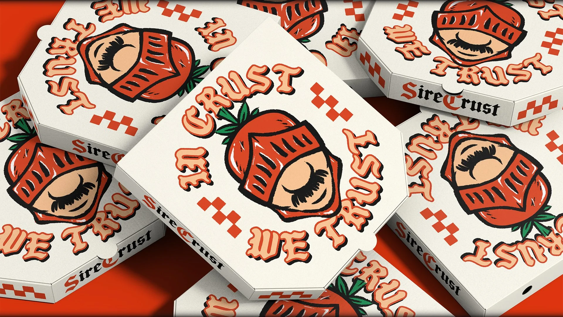 Packaging design by Billias Bros directing users to the Sire Crust Pizzeria page.