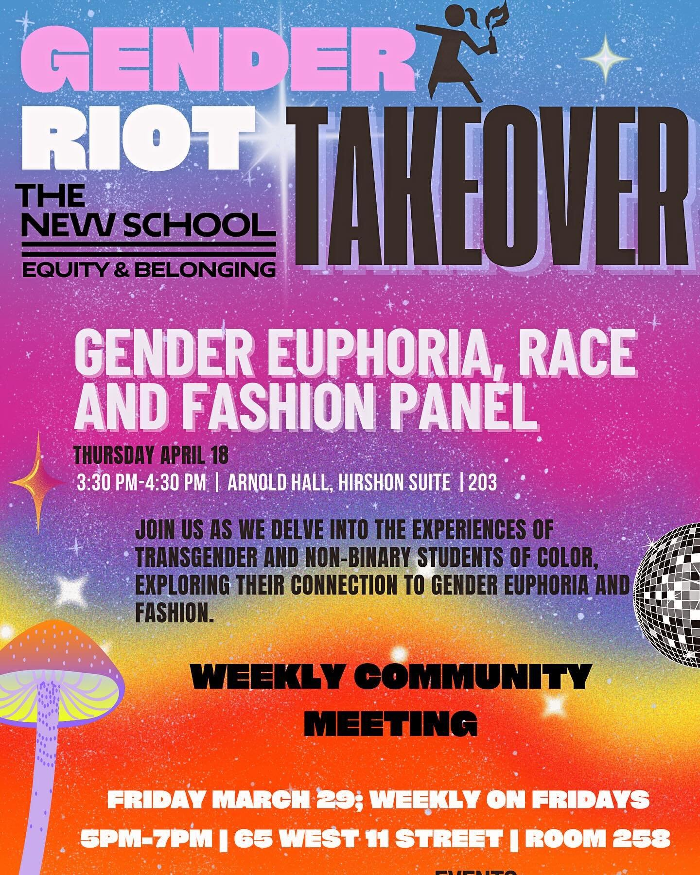 Final Event from our Gender Riot Takeover Trans Visibility Week. The panel will feature Malaika Alilaw, Char Abanes, Zaire Nixon-Reid. Join us for a discussion on gender euphoria, race and fashion.