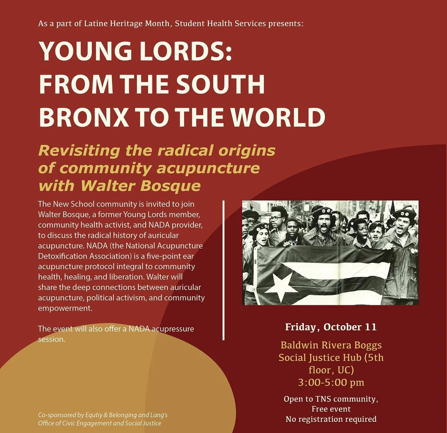 As part of Latine Heritage Month, join us Friday October 11th at 3pm for Young Lords: From the South Bronx to the World, an event with Walter Bosque revisiting the radical origins of community acupuncture. This event will take place in the Baldwin Ri