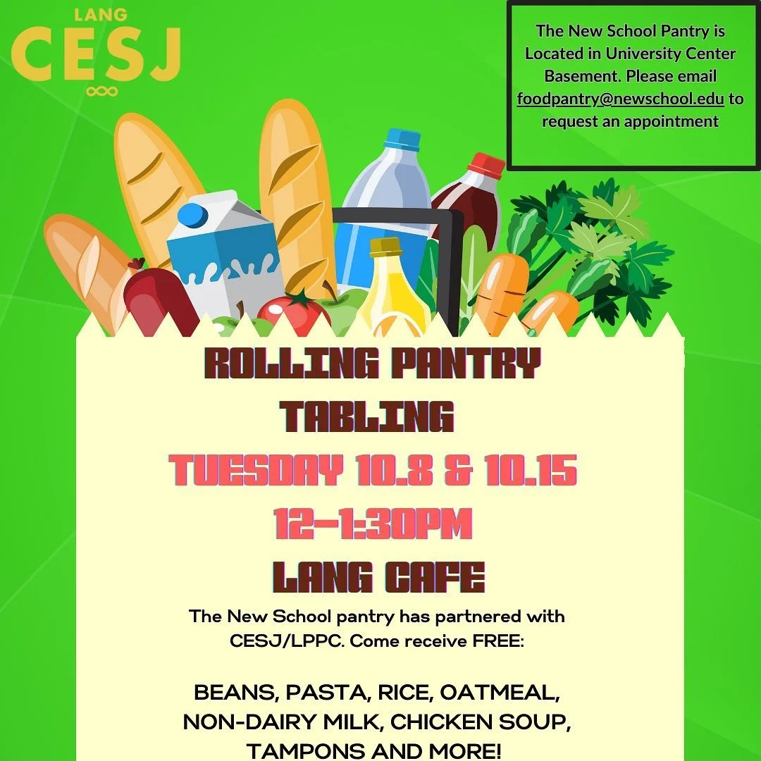 CESJ Rolling Pantry will be tabling this tuesday in the Lang cafe! stop by anytime between 12-1:30pm for FREE pantry items