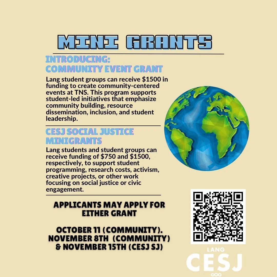 Deadline to apply for CESJ Community Event mini grant is this friday, October 11! Scan the QR or visit https://form.jotform.com/newschool/engaged-learning-opportunities to apply.
