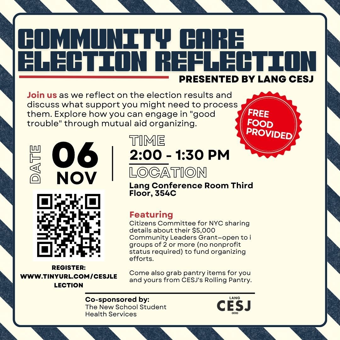Join us November 6th as we reflect on the election results and discuss what support you might need to process them.  And hear from citizens committee on what students can NOW to apply for 5k to impact their nyc communities. 

Featuring: Citizens Comm