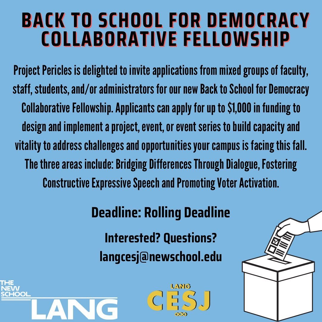 Project Pericles is inviting applications for their Back to School for Democracy Collaborative Fellowship! Applicants can apply for up to $1000 in funding on a rolling deadline for projects or events that address these three areas: bridging differenc