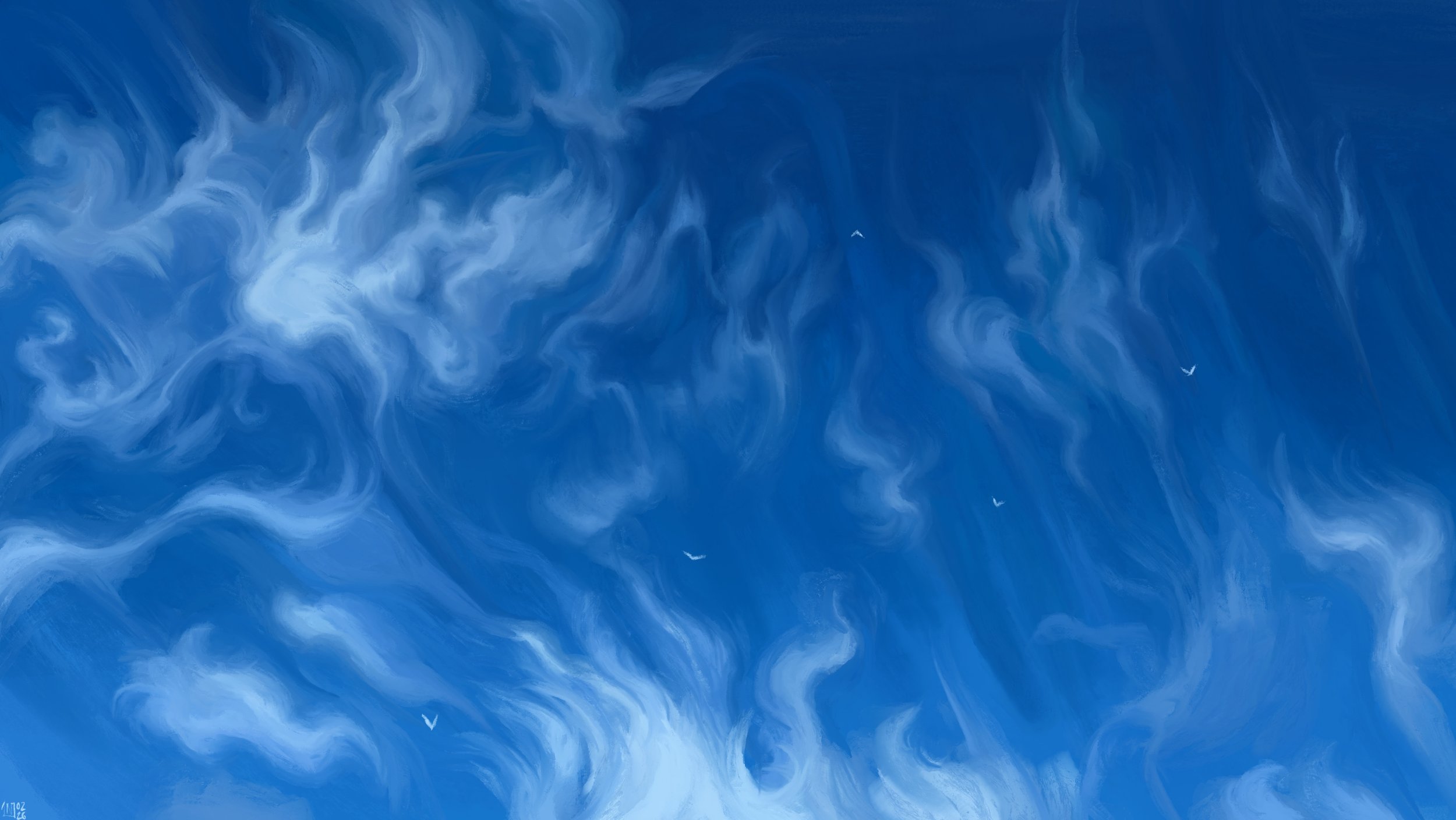 Digital painting of a bright blue sky, filled with swirls of cirrus, translucent trails of white interspersed with a few, small white birds.