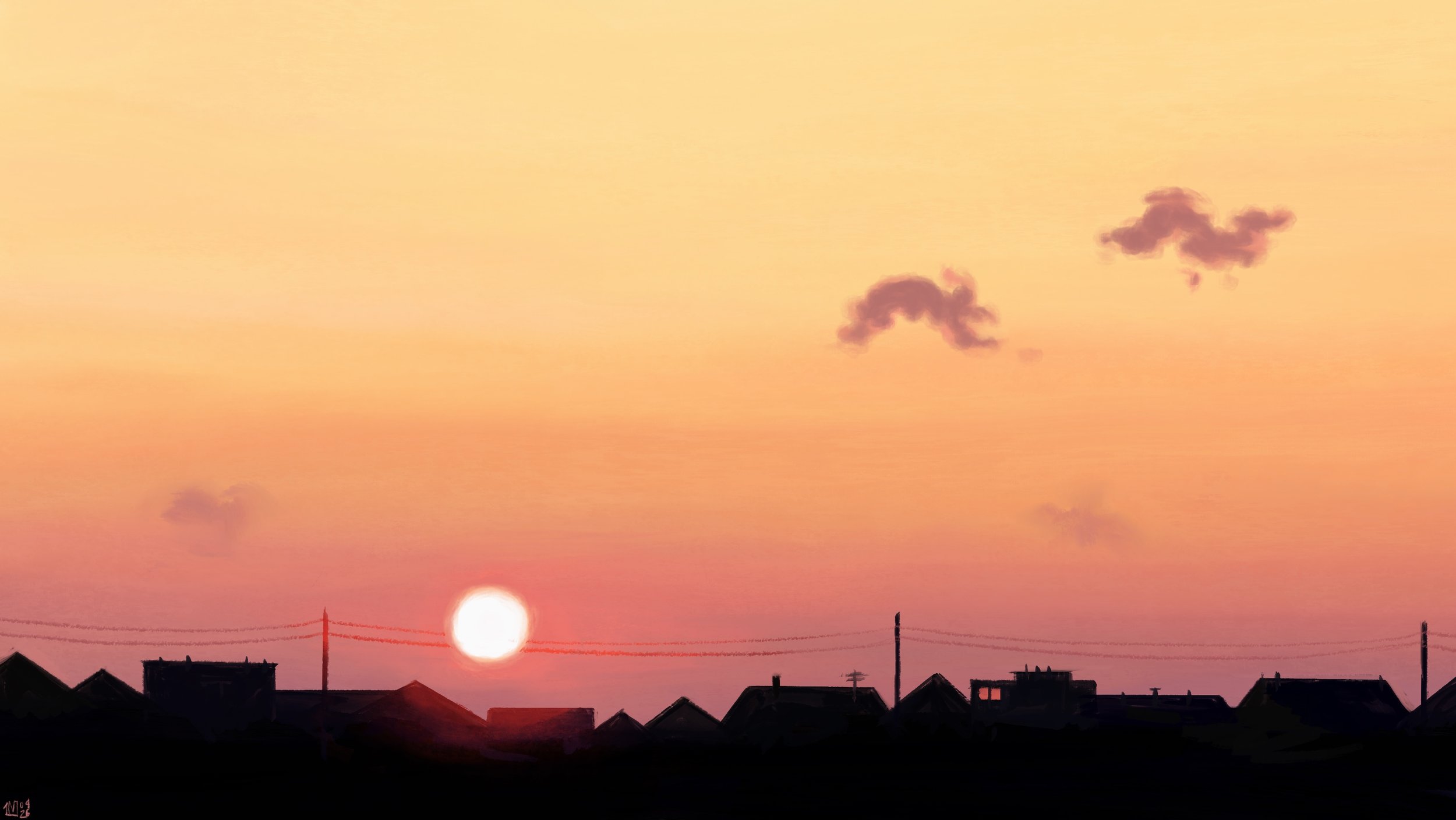 Digital painting of a sunrise: in a pink and yellow sky, a couple of small, jagged pink clouds are floating. The sun is hovering above some dark roofs and some phone lines running through the frame.