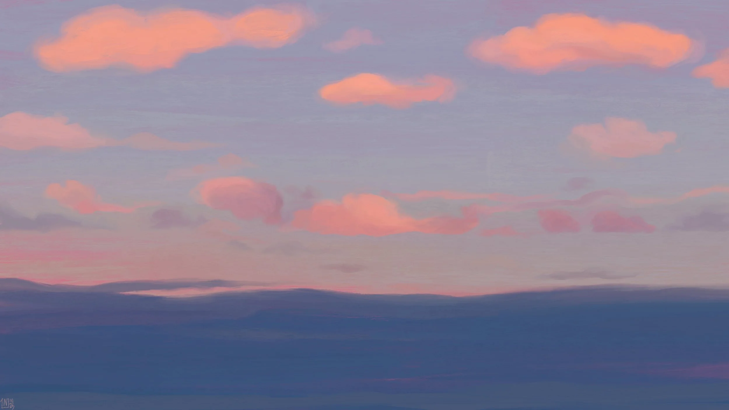 Digital painting of a sunrise sky in pastel tones: the lower tier of the frame is a flat, opaque blue; the clear sky above is a light blue, with hints of pink and orange. The scattered clouds are a brighter orange and pink.
