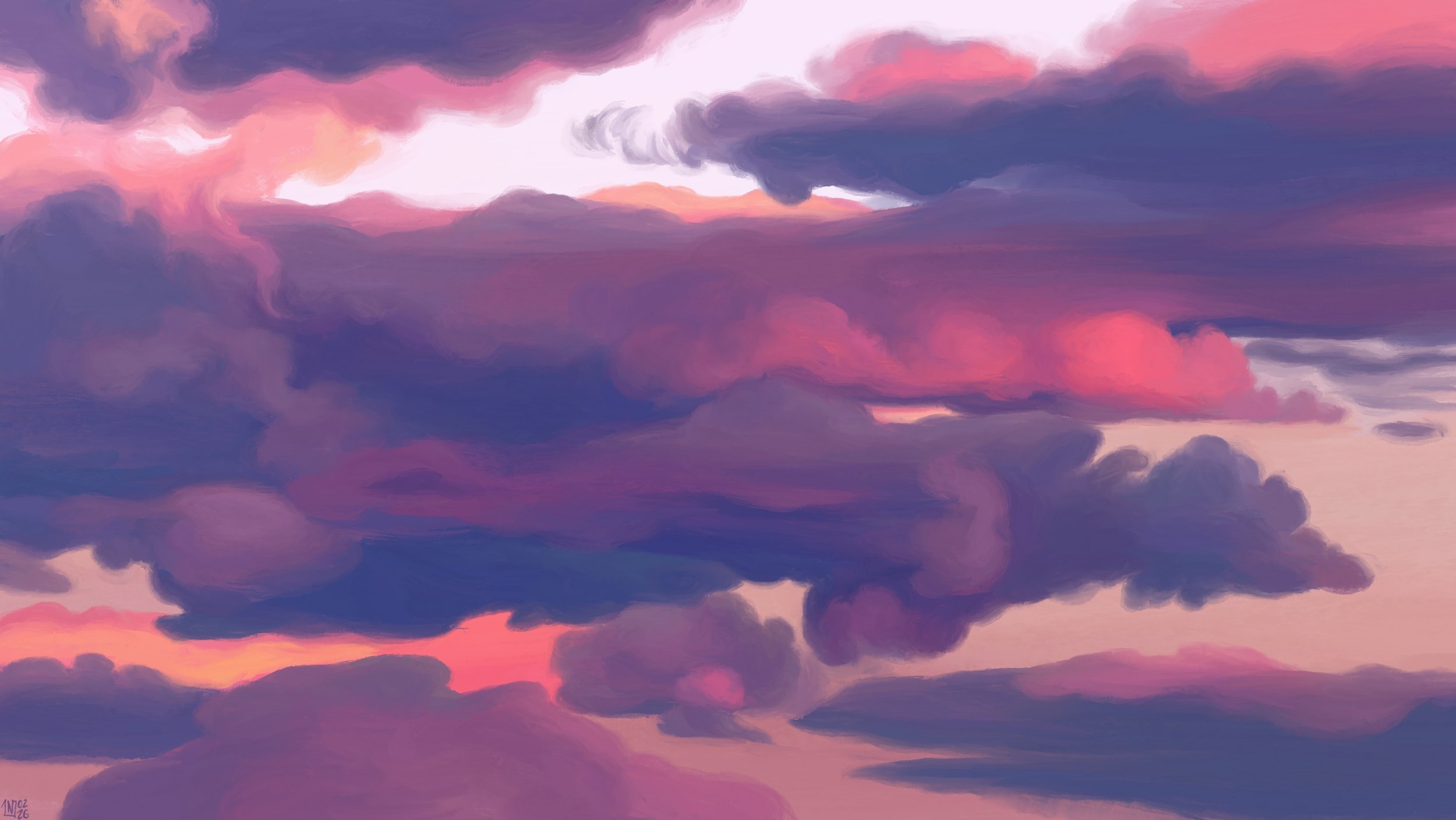 Digital painting of a sunset sky: long clouds are stretched out across the frame, purple and blue, bright pink where the light hits them, with waves and swirls to them. Behind them, the sky is a pastel peach hue.