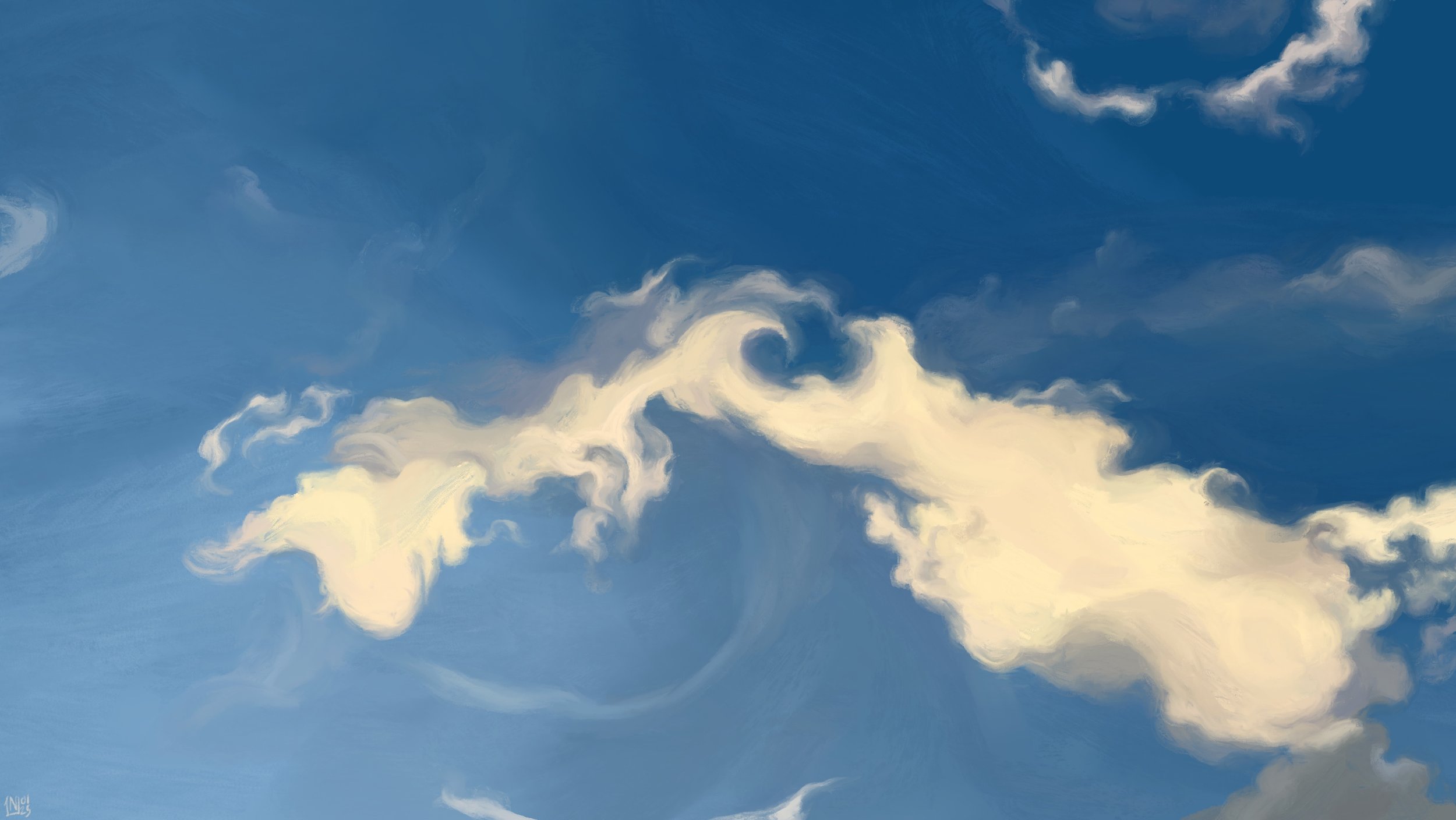 Digital painting of a blue sky in which white, swirly clouds swoop this and that way; the largest one in the middle of the frame features a subtle wavy pattern on top of it.