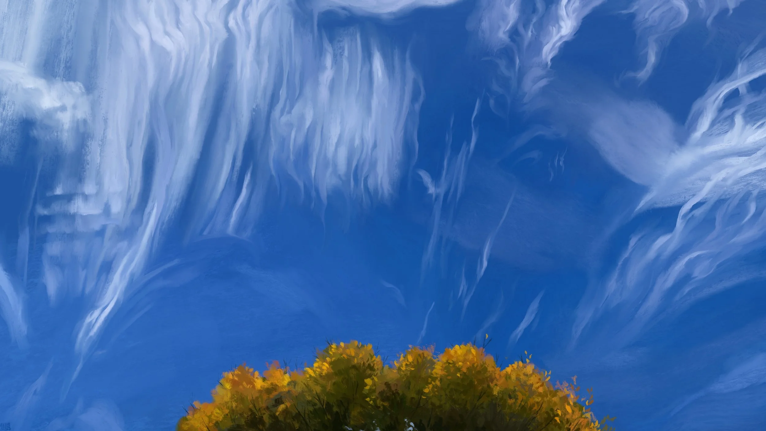 Digital painting of a bright blue sky, full of cirrus going into all directions, forming all sorts of different shapes. In the lower tier, the top of a yellowing tree appears.