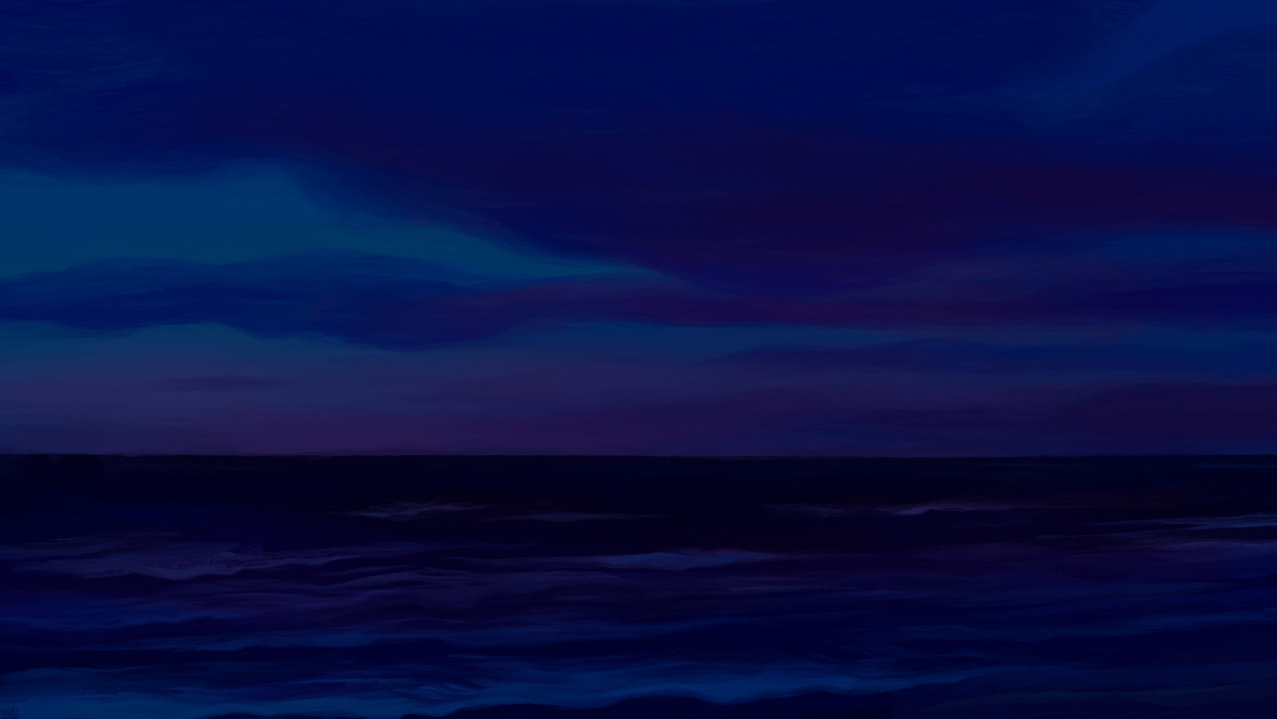 Digital painting of a seascape at twilight, dark blue sky overlooking the choppy dark blue sea, with a swath of pink on the horizon.