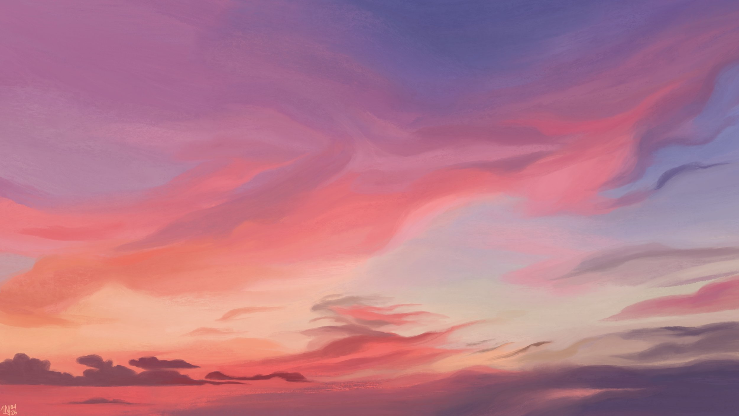 Digital painting of a sunset sky: pink, gauzy clouds arching over the whole sky, and smaller, darker clouds pooling at the bottom of the frame, taking on a purple tint.