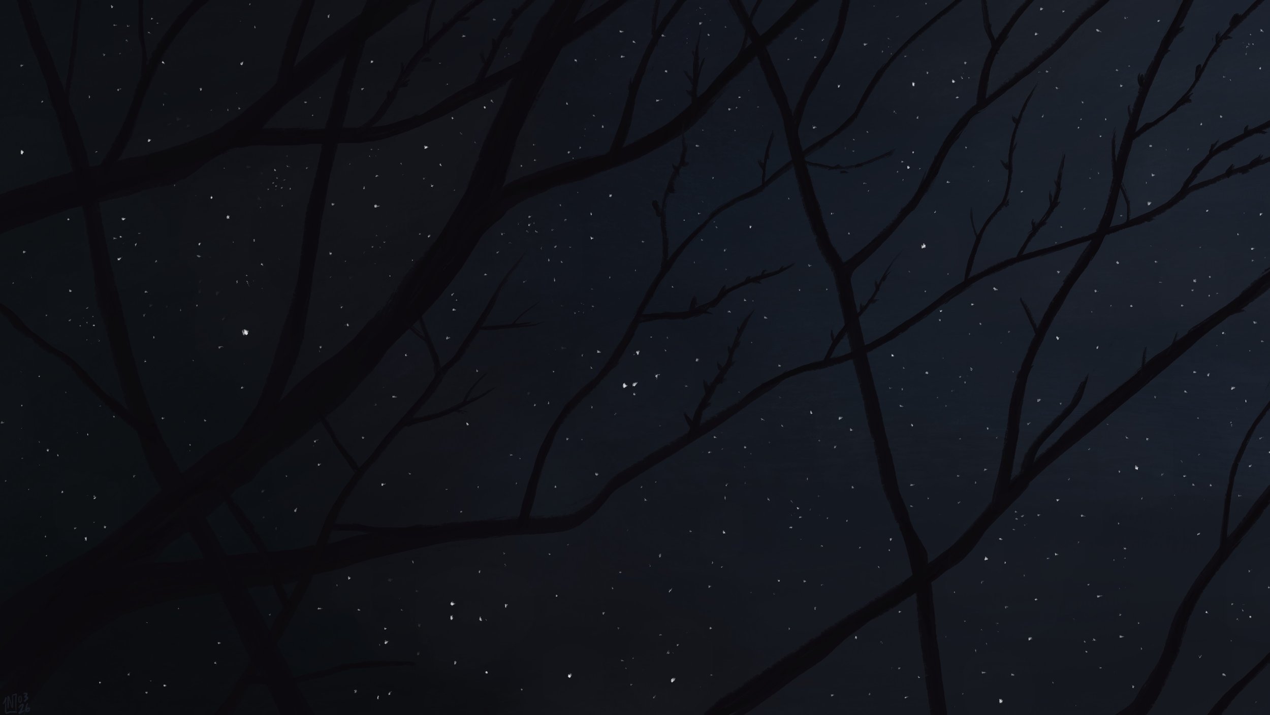 Digital painting of a dark night sky, filled with stars. There is a crisscross of bare tree branches all over the frame, with small buds coming in here and there.